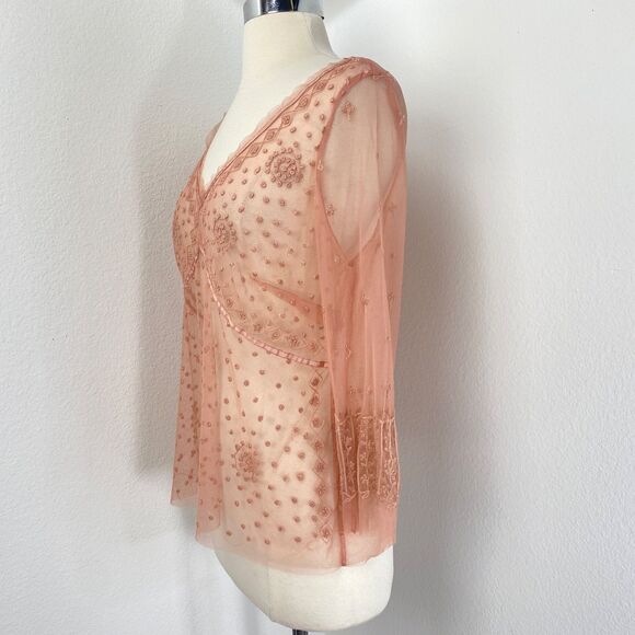 Betty Barclay Pink Sheer Blouse Large Mesh Embroidery Long Sleeves Whimsy Fairy - Picture 6 of 9